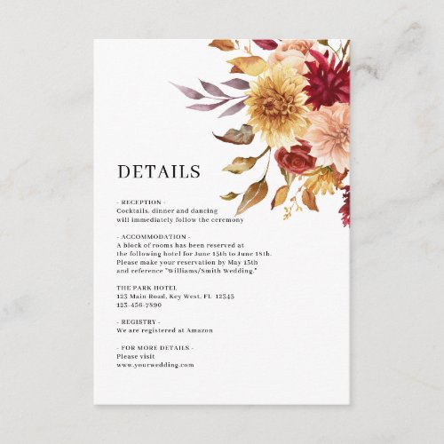 Fall Flowers  Botanical Wedding Details Enclosure Card