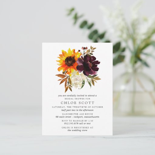 Fall Flowers Bridal Shower Invitation Postcard | Zazzle