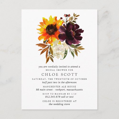 Fall Flowers Bridal Shower Invitation Postcard