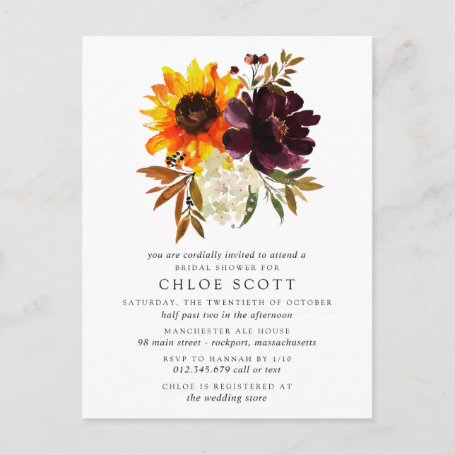 Fall Flowers Bridal Shower Invitation Postcard | Zazzle