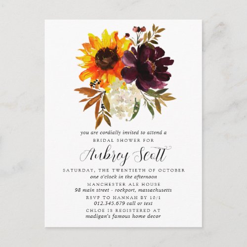 Fall Flowers Bridal Shower Invitation Postcard