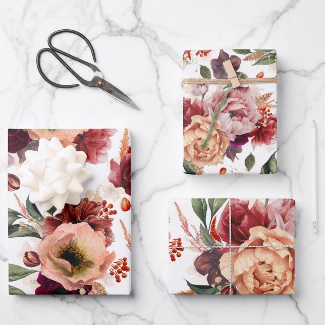 Fall Flowers Burgundy Red Orange Botanical Floral  Wrapping Paper Sheets (Front)