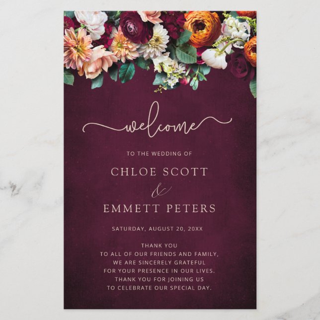 Fall Flowers Burgundy Wedding Ceremony Program (Front)
