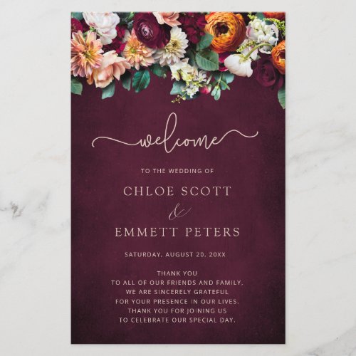 Fall Flowers Burgundy Wedding Ceremony Program