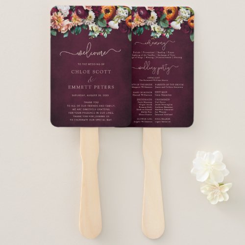 Fall Flowers Burgundy Wedding Ceremony Program Han Hand Fan