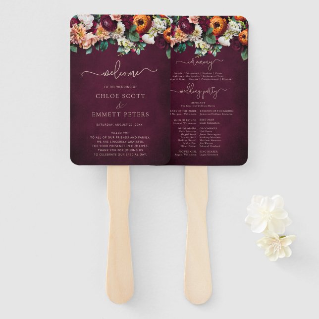Fall Flowers Burgundy Wedding Ceremony Program Han Hand Fan (Front and Back)