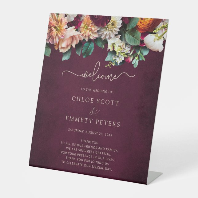 Fall Flowers Burgundy Wedding Ceremony Program Pedestal Sign (Front)