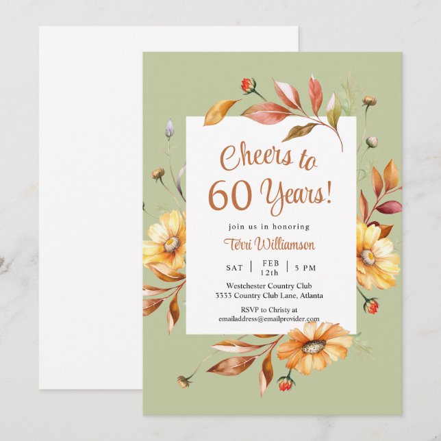 Fall Flowers Cheers to 60 Years 60th Birthday Invitation (Front/Back)