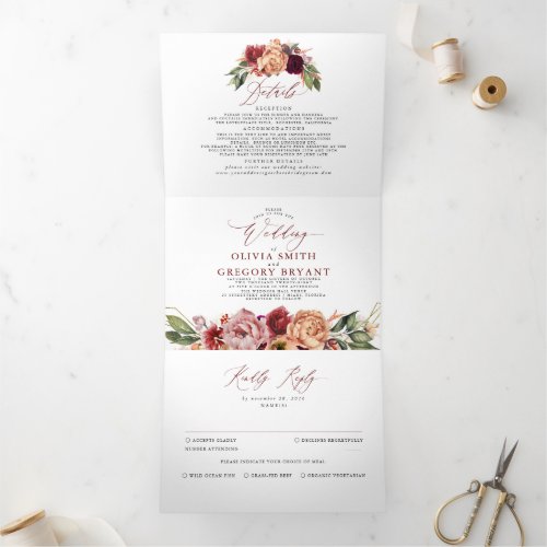 Fall Flowers Elegant Modern Botanical Wedding Tri_Fold Invitation