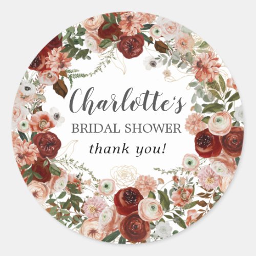 Fall Flowers Greenery Bridal Shower Thank You Classic Round Sticker