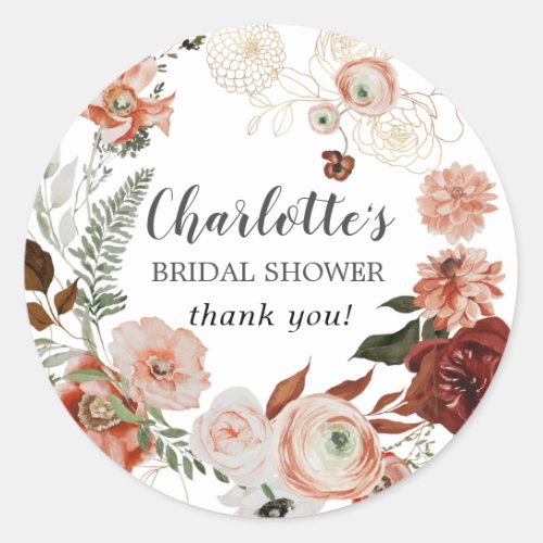 Fall Flowers Greenery Bridal Shower Thank You  Classic Round Sticker