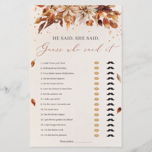 Fall Flowers He said She said Bridal Shower Game