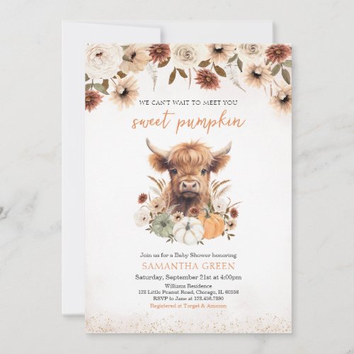 Fall Flowers Highland Cow Baby Shower Invitation