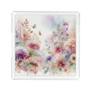 Fall flowers in pastel colors watercolor painting acrylic tray