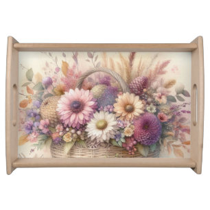Fall flowers in pastel colors watercolor painting serving tray