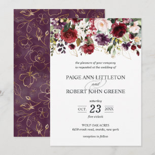 Fall Flowers in Red, Purple and Blush Wedding Invitation