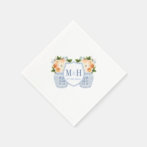 Fall Flowers Monogram Chinoiserie Wedding Party Napkins