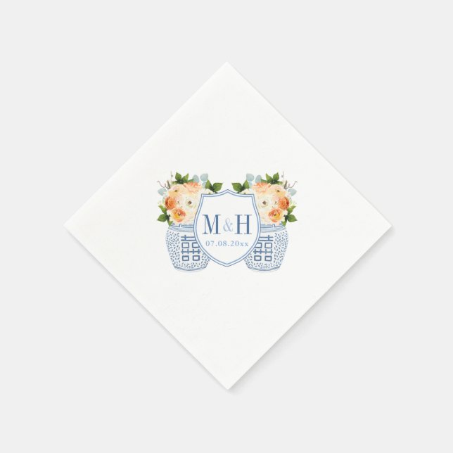 Fall Flowers Monogram Chinoiserie Wedding Party Napkins (Corner)