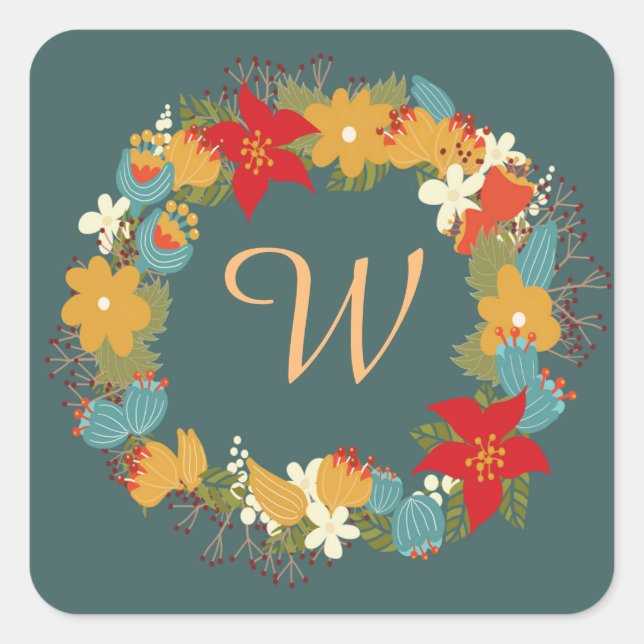 Fall Flowers Monogram Square Stickers, Glossy Square Sticker (Front)