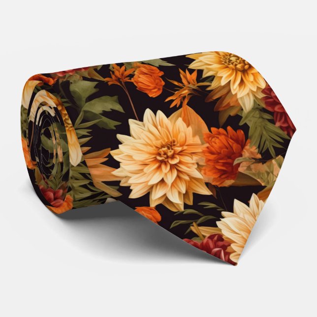 Fall Flowers No.4 on Black Neck Tie (Rolled)