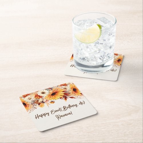 Fall Flowers on Beige Party Square Paper Coaster