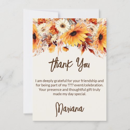 Fall Flowers on Beige Party Thank You Card