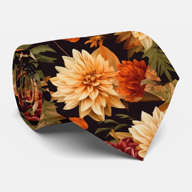 Fall Flowers on Black Neck Tie (Rolled)