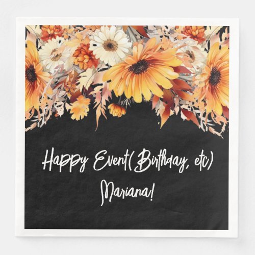 Fall Flowers on Black Party Napkins