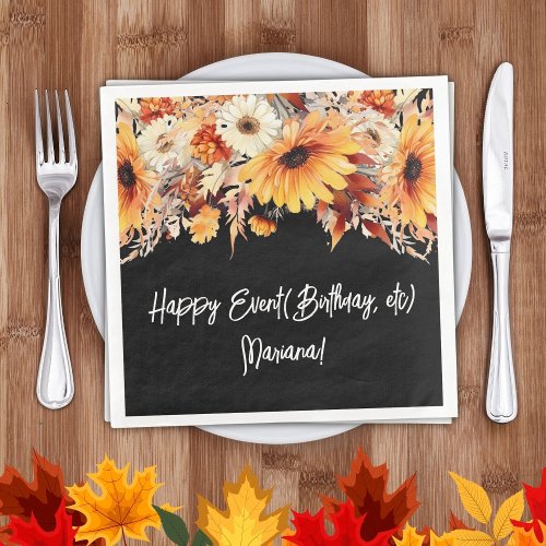 Fall Flowers on Black Party Napkins