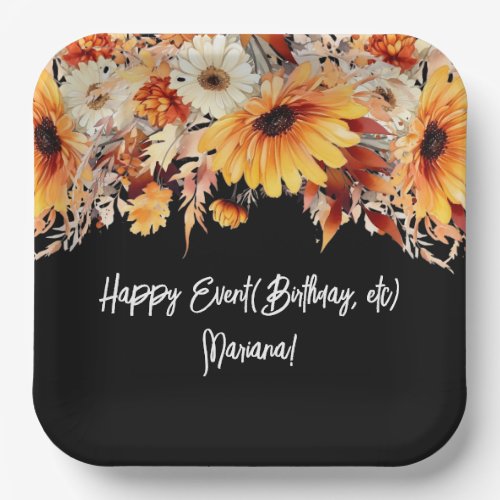 Fall Flowers on Black Party Paper Plates