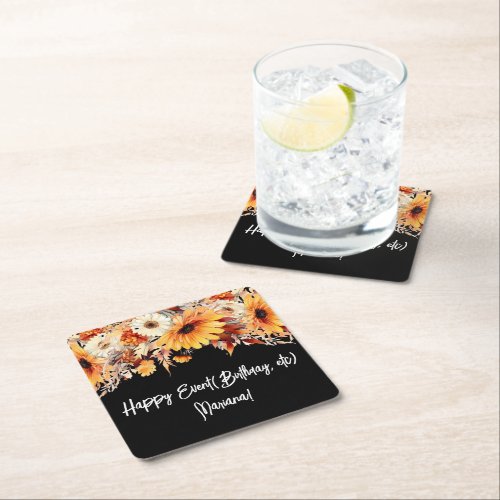 Fall Flowers on Black Party Square Paper Coaster