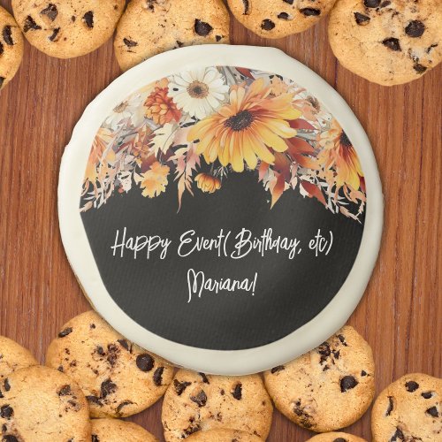 Fall Flowers on Black Party Sugar Cookie
