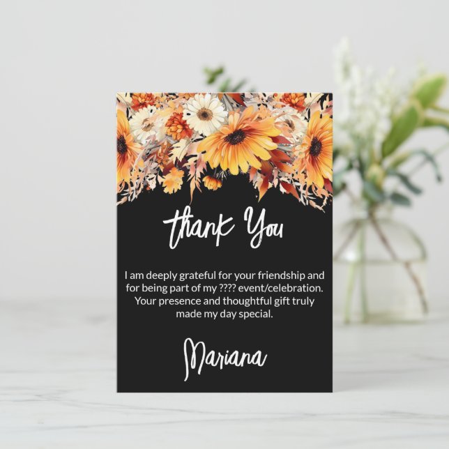 Fall Flowers on Black Party Thank You Card (Standing Front)