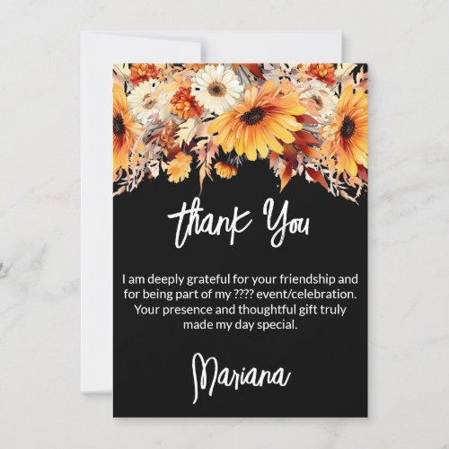 Fall Flowers on Black Party Thank You Card