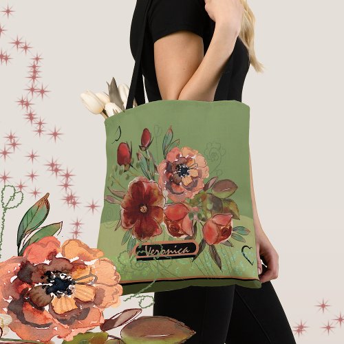 Fall flowers on green background  tote bag