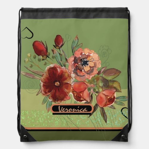 Fall flowers on olive green drawstring bag