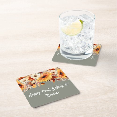 Fall Flowers on Sage Party Square Paper Coaster