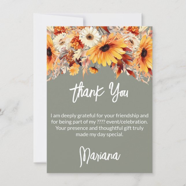 Fall Flowers on Sage Party Thank You Card (Front)