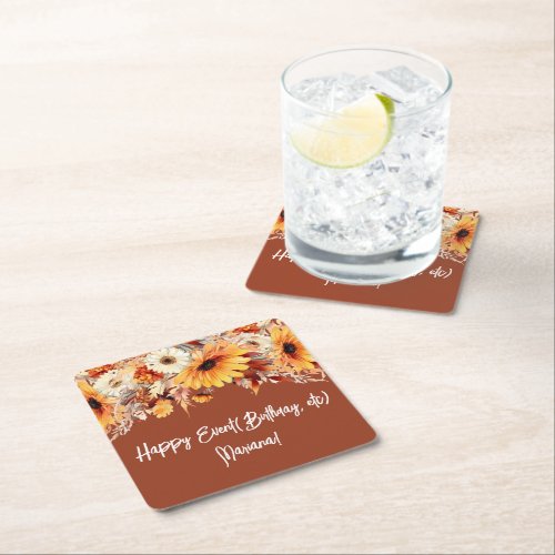 Fall Flowers on Terracotta Party Square Paper Coaster