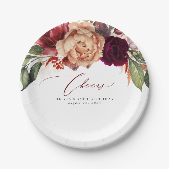Fall Flowers Orange and Burgundy Red Cheers Paper Plates (Front)