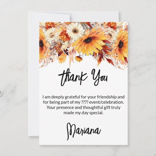 Fall Flowers Party Thank You Card (Front)
