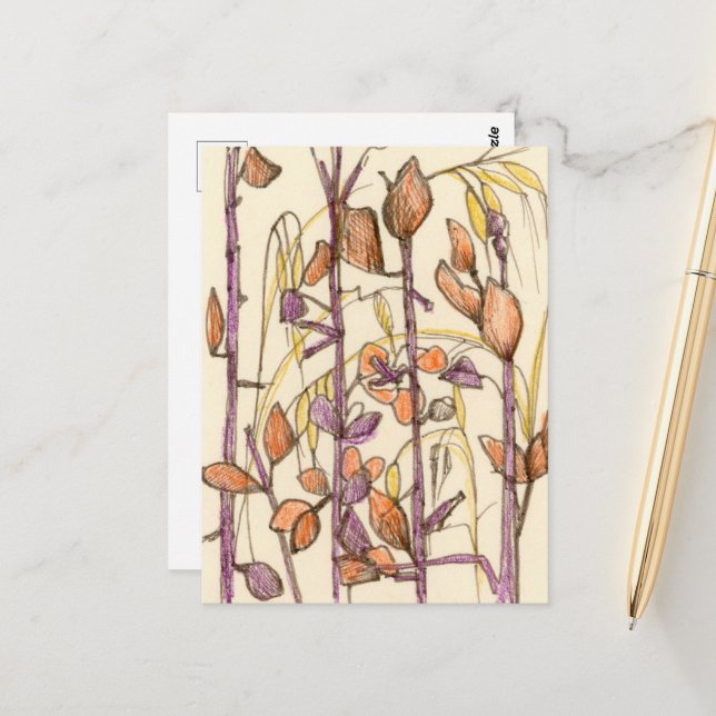 Fall Flowers Plants Autumn Colors Ink Drawing Art  Postcard (Front/Back In Situ)