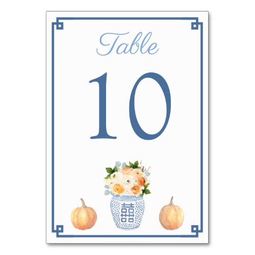 Fall Flowers Pumpkin Chinoiserie Chic Blue Wedding Table Number