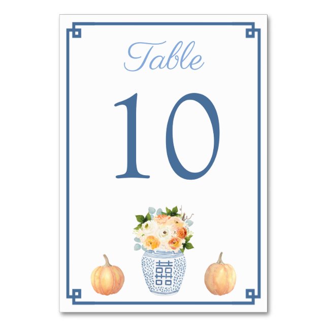 Fall Flowers Pumpkin Chinoiserie Chic Blue Wedding Table Number (Front)