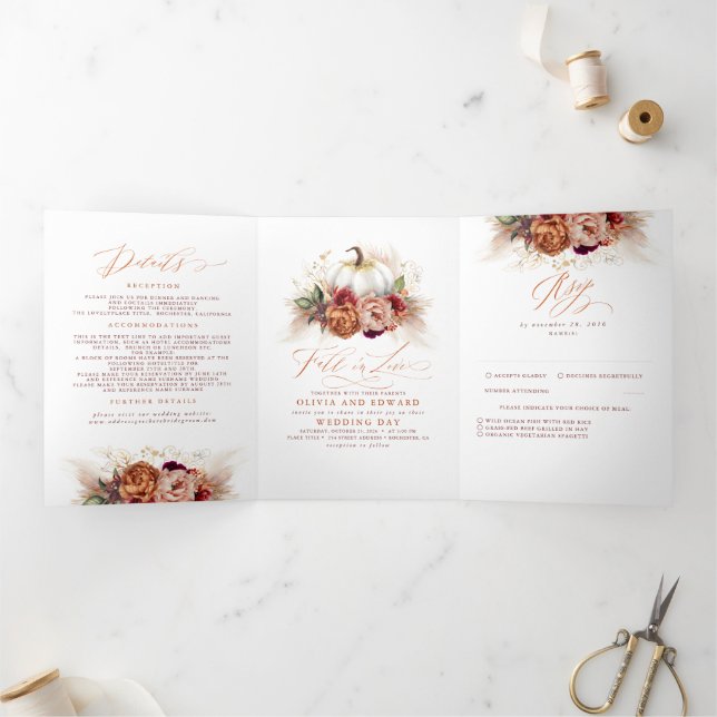 Fall Flowers Pumpkin Elegant Boho Wedding Tri-Fold Invitation (Inside)