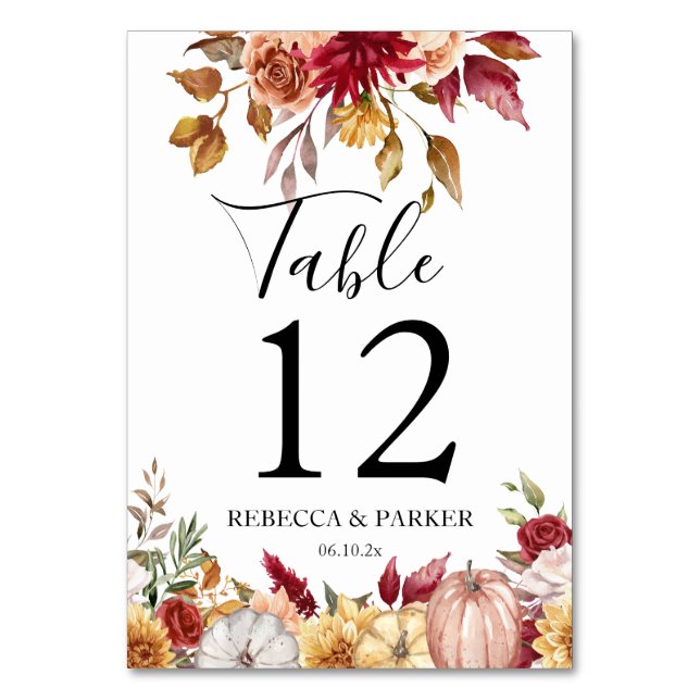 Fall flowers pumpkins personalized Wedding Table Number (Front)