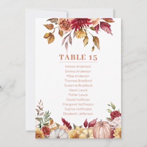 Fall Flowers Pumpkins Table Card Seating Chart