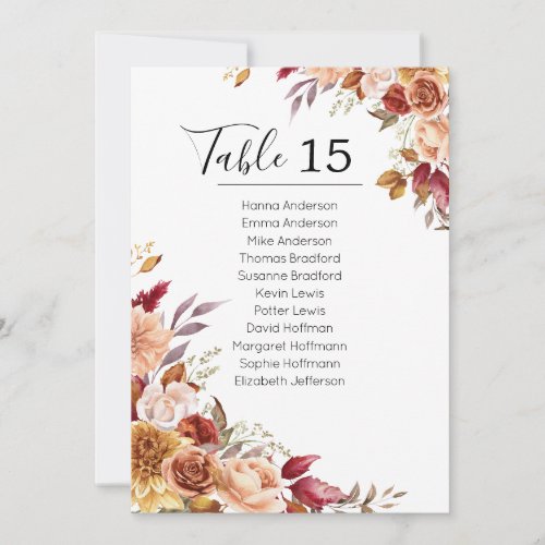 Fall Flowers Pumpkins Table Card Seating Chart