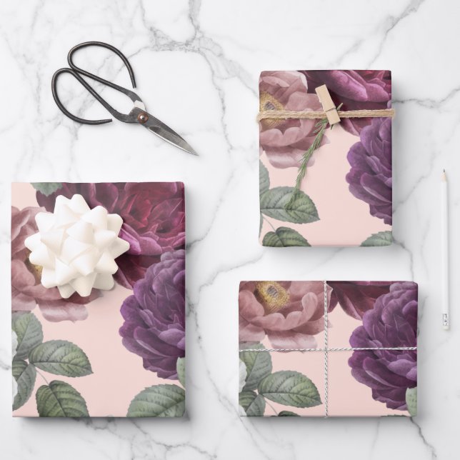 Fall Flowers Purple Botanical Floral Wrapping Wrap Wrapping Paper Sheets (Front)