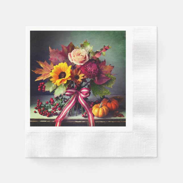 Fall Flowers & Red/White Ribbon, Cocktail Paper Napkins (Front)